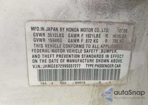 2009 Honda Fit z USA, uszkodzony, nr VIN JHMGE87299S037277